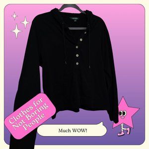 XL Lauren Ralph Lauren Half Button Lightweight Black Jersey Cotton Pullover Hood